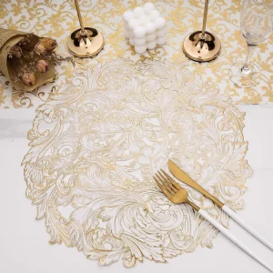 Round Place Mats Hollow Out Pressed Floral Vinyl Table Placemats for Dining Table Wedding Holiday Decorations