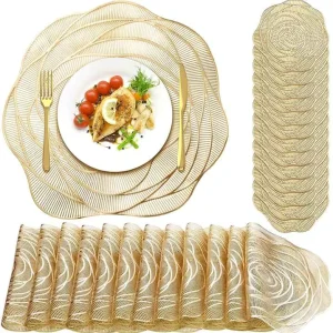Round Pressed Vinyl Placemats Gold Placemat Set Metallic Place Mat Table Mats for Dining Table Kitchen Decor