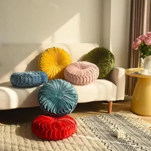Round Pumpkin Reversible Throw Pillow with Center Button High Elastic Cushion Couch Cozy Decoration Pleated Round Pillow Cushion