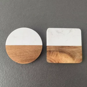 Round Square Acacia Wood and Marble Splicing Coasters Home Office Tea Coffee Cup Mats Pads Custom Logo