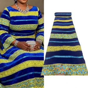 Royal Blue Exquisite Floral Velvet Cord Lace Sequins Fabric for Evening Party Formal Dress Wedding Guest Apparel Fabric