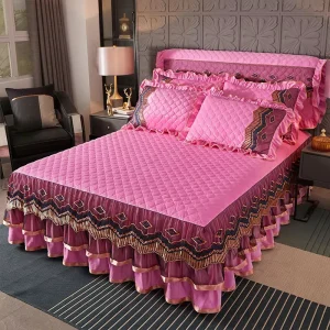Royal Golden Lace Embroidery Bed Skirt Cover Thickened Home and Hotel Foiled Skirt Bedding Set