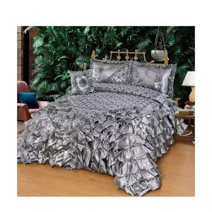 Royal Golden Satin Ruffled Bedding Set 300tc 4pcs European American Style Patchwork Floral Embroidery Luxury Bedroom Bed Linens