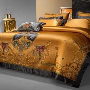 Royal Horse Embroidery Bedding Set Gold Silk Like Duvet Cover Bed Linen