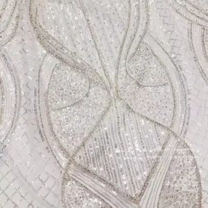 Royal White Silver Sequin Embroidery Fabric Geometric Scrollwork Mesh for Bridal Wedding Dress Haute Couture