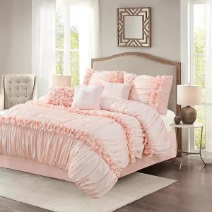 Ruched Boho Wedding Bed Sets Pink Elegant Bed Comforter with Down Alternative Filling Vintage Ruched Fluffy Luxury Bedding Set