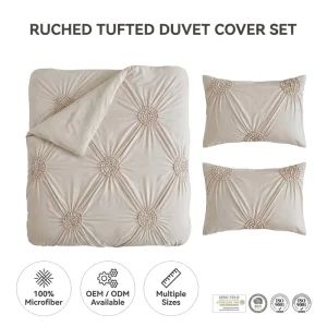 Ruched Tufted Duvet Cover Set Pinch Pleat Floral Rosette OEM ODM Boho Bedding Set Twin Queen King
