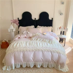 Ruffle Bedding Set with Bowtie 4 Pieces Comforter Cover Set with Zipper Closure Girl Bedding with Pillowcase
