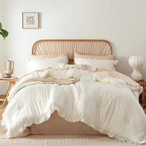 Ruffle Comforter Set with 2 Pillowcase 1 Comforter Soft Bed Set Vintage Farmhouse Shabby Chic Bedding Set for All Season