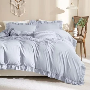 Ruffle Duvet Cover Set Cornflower Blue Farmhouse Vintage Shabby Style King Size Sheet Pillowcase Washed Cotton
