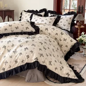Ruffle Duvet Cover Set King Size 100% Cotton Duvet Cover Gothic Black Butterfly Printed Comforter Cover with Zipper Closure