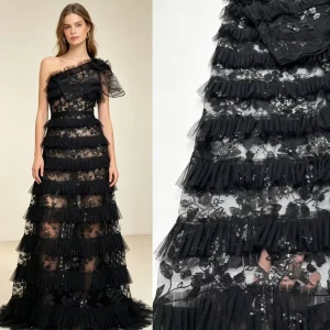 Ruffle Sequin Lace Tulle Fabric Multi-Layer Frilly Floral Mesh for Evening Dress Goth Party Gown Maxi Skirt Material in Stock