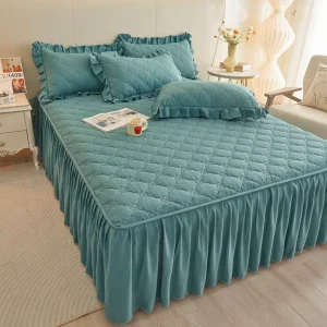 Ruffled Bed Skirt Solid Non Slip Mattress Dust Proof Cover Chic Farmhouse Style Lightweight 3 Pcs Set with Pillowcases Bed Skirt