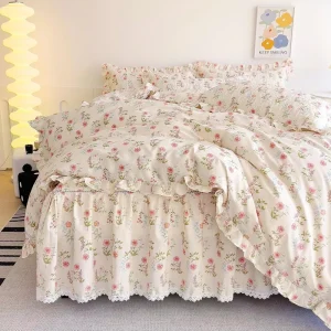 Ruffled Edges Bed Skirt Sheet Set Queen Size Lace Bed Skirt Covers 180×200 Korean Style Quilted Bed Skirt 4 Piece Set