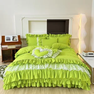 Ruffled Lace Maternal Infant Grade 300TC Washed Bed Skirt Quilt Cover Set Four Piece for Bed