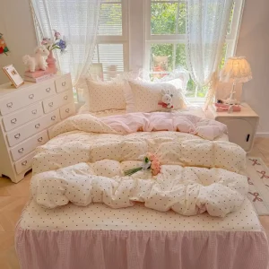 Ruffled Lace Trim Brushed Microfiber Breathable Non Slip King Size Luxury Wedding Princess Style 4pcs Bed Skirt Bedding Set