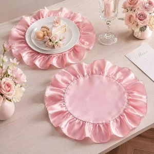 Ruffled Placemats Light Pink Round Satin Placemats with Ruffle Washable Scalloped Table Place Mats for Kitchen Dining Wedding