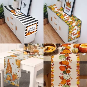 Rustic Fall Linen Table Runner Floral Pattern Thanksgiving Harvest Farmhouse Decor Autumn Kitchen Dining Table Mat Washable OEM