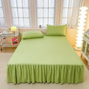 Sabana Bajera Solid Color Skin-Friendly Washed Cotton Ruffled Hem Bed Skirt 3pcs Bedding Set King Size Non-Slip Fitted Bed Sheet