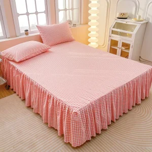 Sabana Skin-Friendly Washed Cotton Brushed Ruffle Non-Slip Bed Skirt Home Checkered Striped Pattern 3pcs Bedding Set Bed Sheet