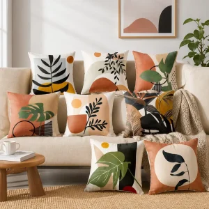 Sage Green Boho Abstract Cushion Cover Soft Polyester Monstera Leaf Line Art Throw Pillow Case Accent Shell for Sofa