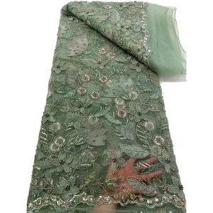 Sage Green Lace Fabric Beaded Sequined Embroidery Lace for Wedding Dress Bridal Gown