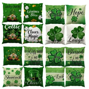 Saint Patrick’s Day Spring Green Leaves Linen Plush Throw Pillowcase 45x45cm Anti-Bacteria Washable Home Decor