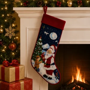 Santa Claus Needlepoint Christmas Stocking with Moon and Stars for Handmade Festive Holiday Mantel Hanging Gift