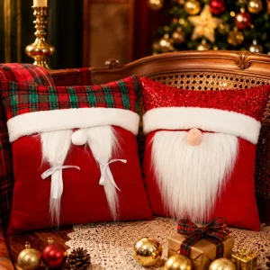 Santa Hat Christmas Eco-Friendly Durable Red Velvet Plaid Throw Pillow Case with Faux Fur Braids Holiday Decor for Couch