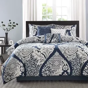 Sateen Cotton Comforter Set Breathable All Season Down Alternative Bedding Set with Matching Shams Indigo 5 Piece for Bedroom