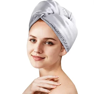 Satin Microfiber Hair Towel Wrap for Women 2 Pack Ultra Absorbent Quick Drying Anti Frizz Turban (Black/Grey)
