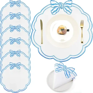Scalloped Embroidered Placemats Bow Double Layered Table Mats Washable Table Dinner Decor for Hotel Restaurant Weddings