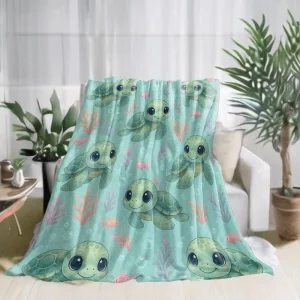 Sea Turtle Flannel Blanket with Ocean Coral Fish Design Lightweight Throw for Sofa Bed Decor Marine Life Lovers Gift