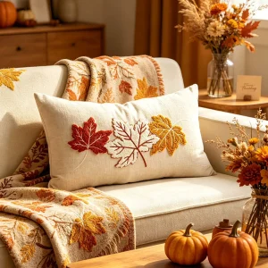 Seasonal Autumn Leaf Embroidery Throw Pillow Covers Fall Pillow Covers Embroidery Autumn Maple Leaf Decor for Sofa Couch Bed