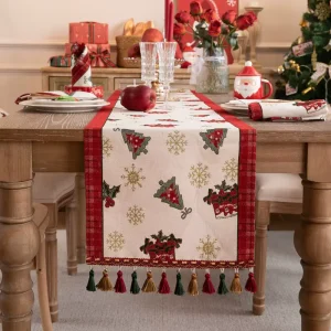 Seasonal Jacquard Table Runner with Christmas Tree Snowflake Reindeer Decorative