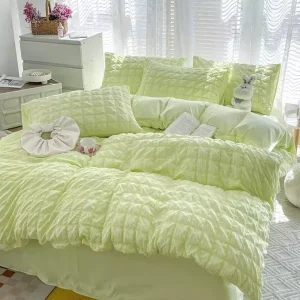 Seersucker Bedding Set 4pcs Girls Bedding Set with Pillow Shams Textured Comforter Heart Bubble Yarn Dormitory Bedding Set