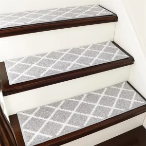 Self Adhesive Striped Machine Made Grey Non Slip Washable Polyester Stair Mats Indoor Staircase Runner Rugs
