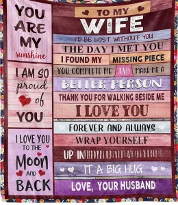 Sentimental Quote Printed Fleece Blanket Affectionate Message Design Wooden Texture Background Floral Border Edge Blanket