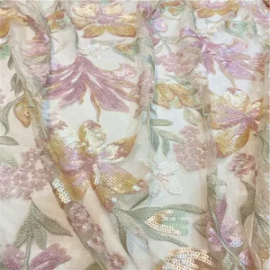 Sequin Embroidered Fabric Flower Beads Embroidery Mesh Fabric Plant Sequins for Women’s Evening Dress