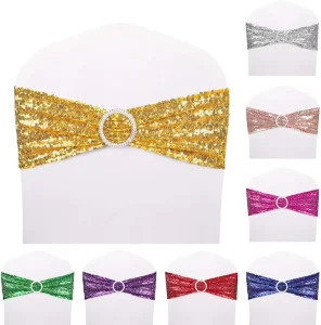 Sequin Stretchy Spandex Bands Bows One Sided Decor for Romantic Wedding Party Home Chair Cover Gold Chair Sashes
