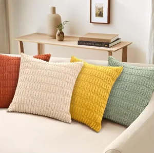 Set 4 Packs Corduroy Striped Boho Throw Pillow Covers 18×18 Inch Breathable Fade Resistant Zipper Closure Modern Farmhouse