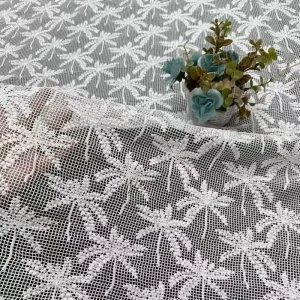 Sheer Thin Grid Net Lace with Palm Tree Pattern Scalloped Border Polyester Embroidery Lace for Garment Home Textile
