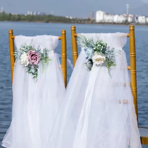 Sheer Tulle Chair Sashes with Rose and Greenery Accents for Outdoor Weddings Aisle Decor