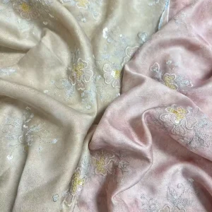 Shiny Iridescent Sequin Embroidery Fabric Soft Champagne Pink Mesh Lace for Luxury Gowns Wedding Decoration