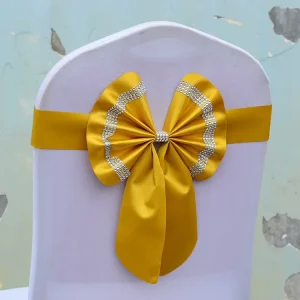 Short Strip Spandex Gold Satin Chair Cover Bows Sashes Band for Wedding Banquet Party Event Decoration