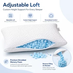 Shredded Memory Foam Pillow Adjustable Loft Cooling Breathable Hypoallergenic Queen Size Bed Pillow