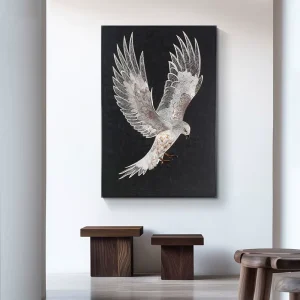 Silk Fabric Tapestry Embroidery Wall Art Handcrafted Fly White Eagle Framed Painting Black Background Home Decor