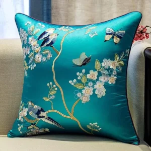Silk Throw Pillow Covers Floral Birds Embroidery Silky Modern Luxury Chinese Style Living Room Decor 20x20Inch