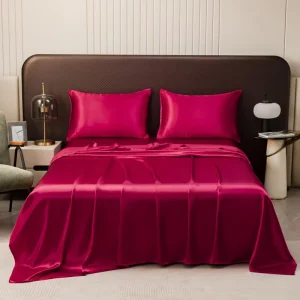 Silky Satin Flat Sheet Set Burgundy Bedsheet Superior Quality King Duvet Cover Set