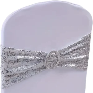 Silver Glitter Sparkling Sequins Chair Elastic Stretch Sashes for Wedding Chair Sashes Bow Belt for Wedding Banquet Party